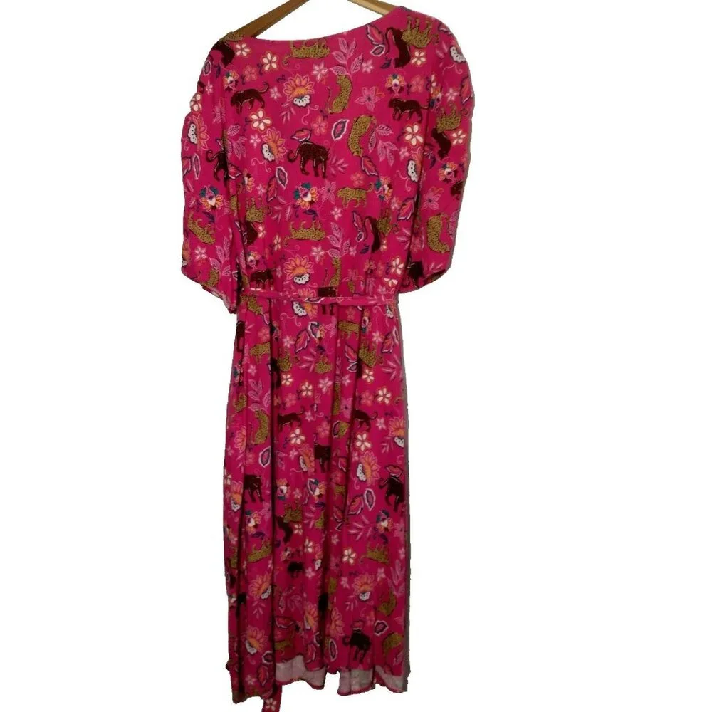 Torrid Size 5 Plus Size Pink Leopard Dress Midi Rouched Short Sleeve Belted Cat - Picture 2 of 16